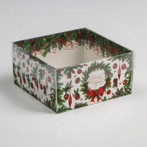 Коробка для сладостей с прозрачной крышкой "Зимний венок" 12х6х11,5 см 6957708