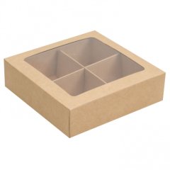 Коробка на 4 конфеты с окном крафт 12,6х12,6х3,5 см КУ-168; 7904574