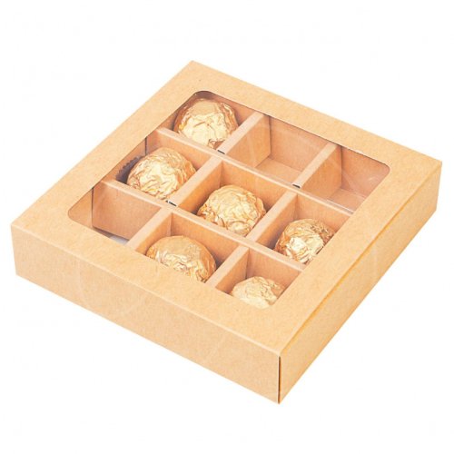 Коробка на 9 конфет раздвижная крафт 13,7х13,7х3,7 см 4188628, КУ-172