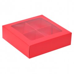 Коробка на 4 конфеты с окном красная 12,6х12,6х3,5 см КУ-022; 9569217